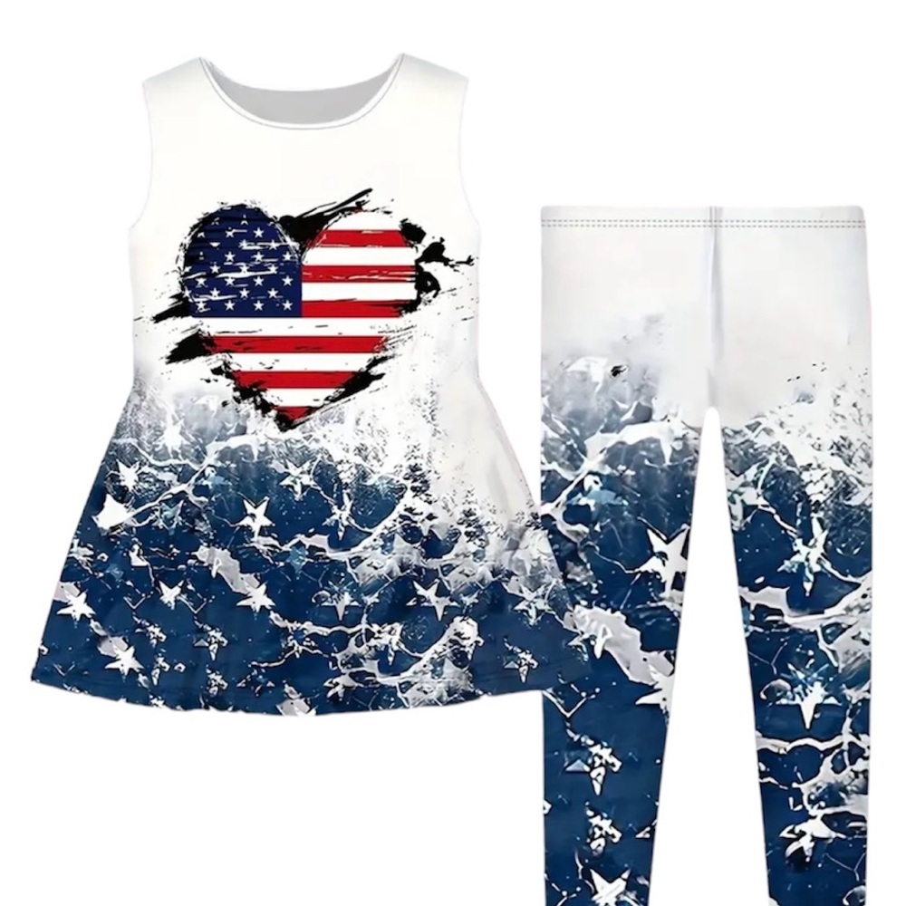 New, Boutique Patriotic 4th of July 2 Pc Girls Outfit,  Tunic And Leggings 4-5 Y